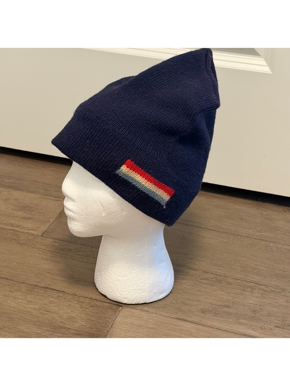 Vintage Wool Navy Ski Beanie Striped Knit Winter Hat 80s 90s